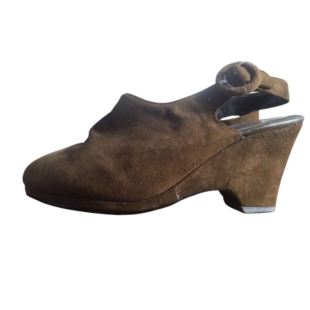 Chinese Laundry Brown Suede Wedge Heel Mules Buckle Slingback Casual Style - Picture 7 of 10